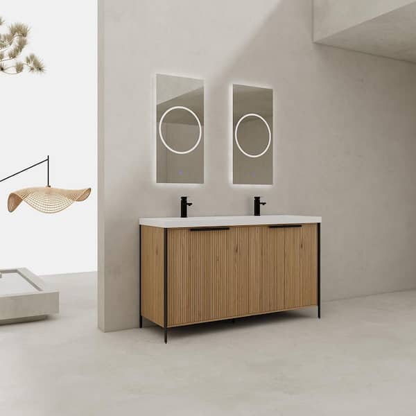 Midsummer 59.1 in. W x 19.7 in. D x 34. 9 in. H Freestanding Bath Vanity Cabinet in Light Coffee with White Resin Top