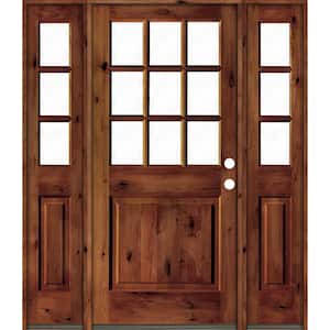 64 in. x 80 in. Rustic Knotty Alder Clear 9-Lite Red Chestnut Stain Wood Left Hand Single Prehung Front Door/Sidelites