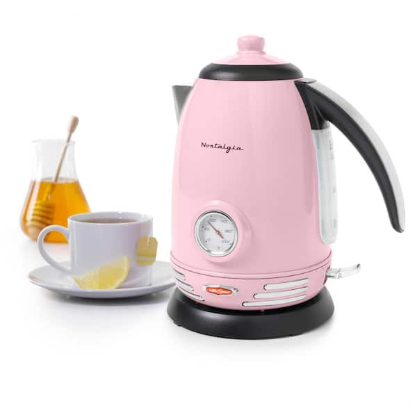 Nostalgia 7 Cup Pink Cordless Stainless Steel Electric Water Kettle with Strix Thermostat