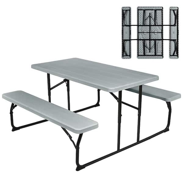 Costway Rectangle Metal Folding Indoor and Outdoor Picnic Table Bench Set with Wood-like Texture Grey