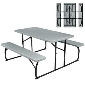 Rectangle Metal Folding Indoor and Outdoor Picnic Table Bench Set with Wood-like Texture Grey