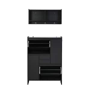 Multi-Functional Hall Tree Shoe Cabinet with Wall Cabinet, Space-saving Foyer Cabinet with 2 Flip Drawers in Black