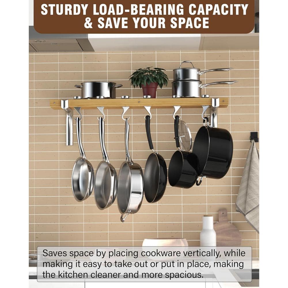 36-Inch Natural Wood Wall-Mounted Pot Rack with Aluminum Hooks