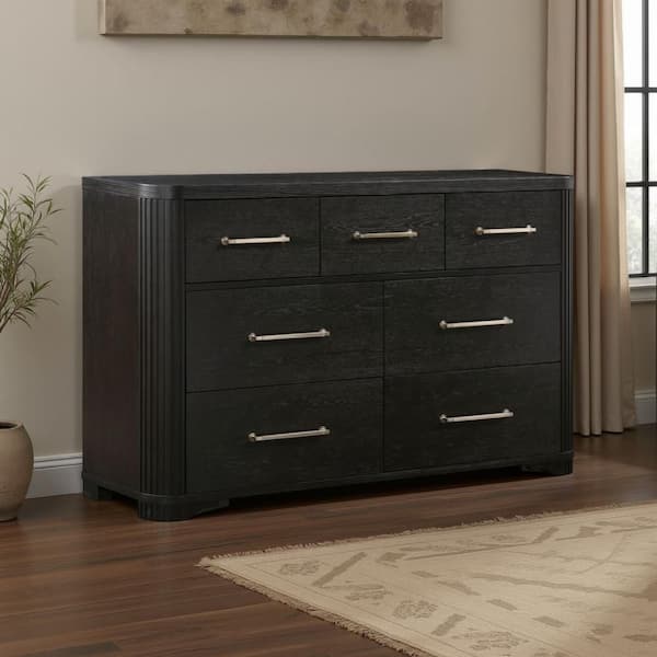 Benjara Chas Charcoal Black and Brass 7 Drawer 18 in. Dresser without  Mirror BM335926