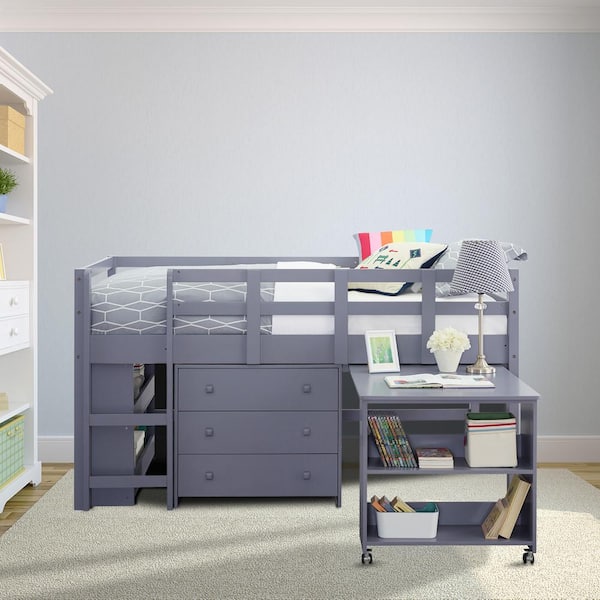 Gray Twin Loft Bed with Desk, Low Study Kids Loft Bed, Low Loft Bed with Desk, Storage Cabinet, Ladder, Bookcase Shelf