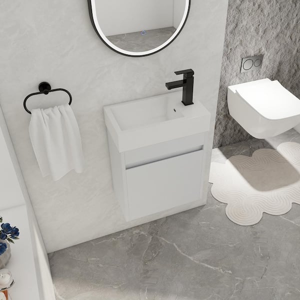 Staykiwi 18 in. W x 11 in. D x 23 in. H Single Sink Floating Bathroom Vanity in White Straight Grain with White Resin Vanity Top