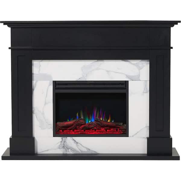 Sofia 53 in. Ventless Freestanding Electric Fireplace Mantel in Black with White Marble Inlay