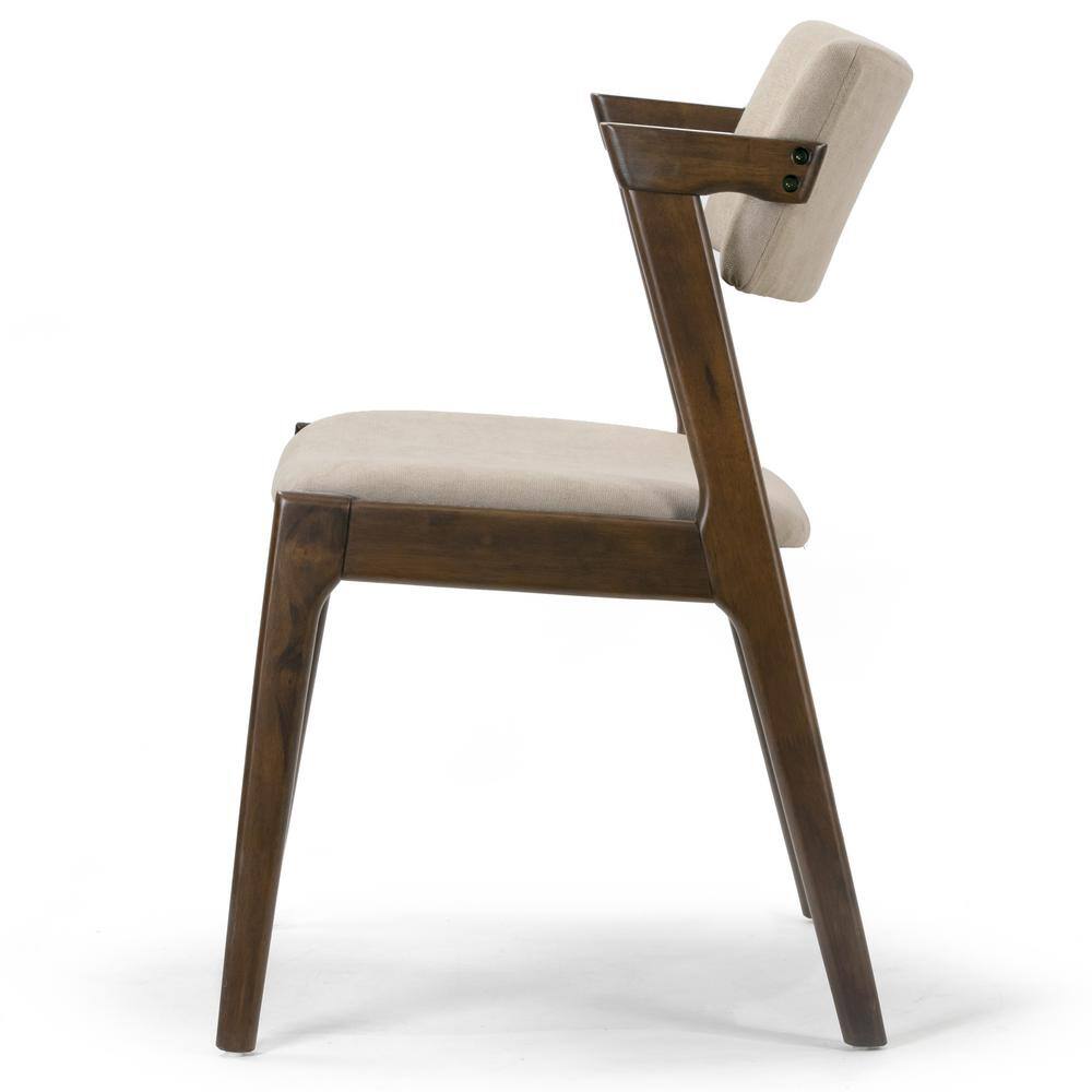 Retro Modern Beige Upholstered Wing Arm Chair in Dark Brown Wood