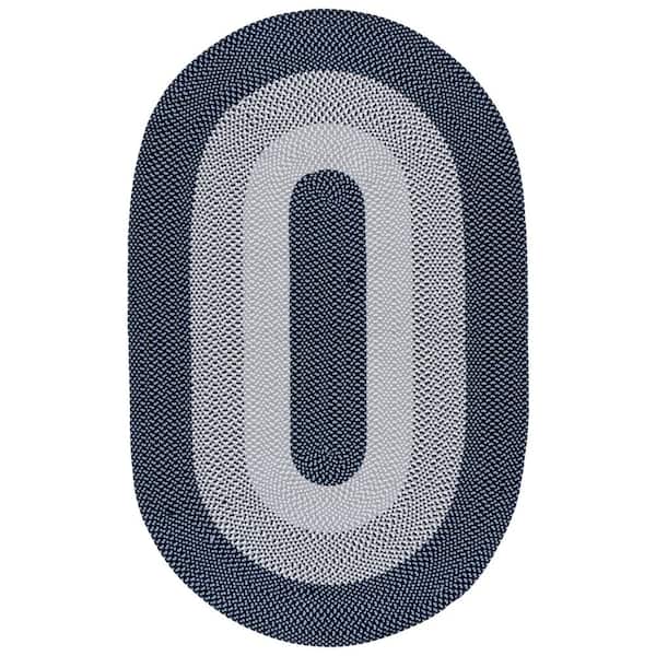 Braided 4 ft. x 6 ft. Gray/Blue Solid Border Striped Oval Area Rug
