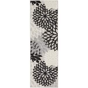 Aloha Black White 2 ft. x 6 ft. Floral Contemporary Indoor/Outdoor Runner Rug