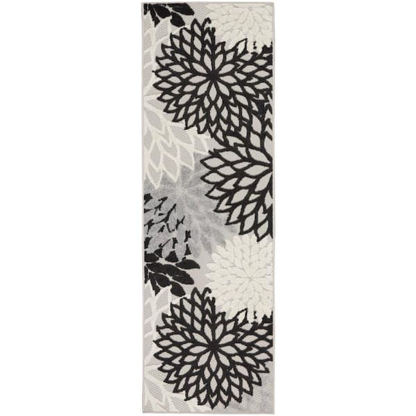 Nourison Aloha Black White 2 ft. x 6 ft. Kitchen Runner Floral Contemporary Indoor/Outdoor Patio Area Rug