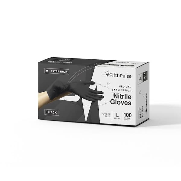 FifthPulse Large Nitrile Exam Latex Free and Powder Free THICKER Gloves - (4 mil) in Black - Box of 100