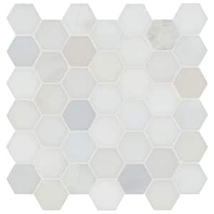 Greecian White 2 in. Hexagon 12 in. x 12 in. x 0.38 in. Polished Marble Mesh-Mounted Mosaic Tile (0.98 sq. ft./Each)