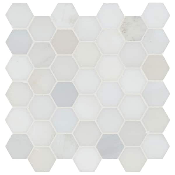 Greecian White 2 in. Hexagon 12 in. x 12 in. x 0.38 in. Polished Marble Mesh-Mounted Mosaic Tile (0.98 sq. ft./Each)