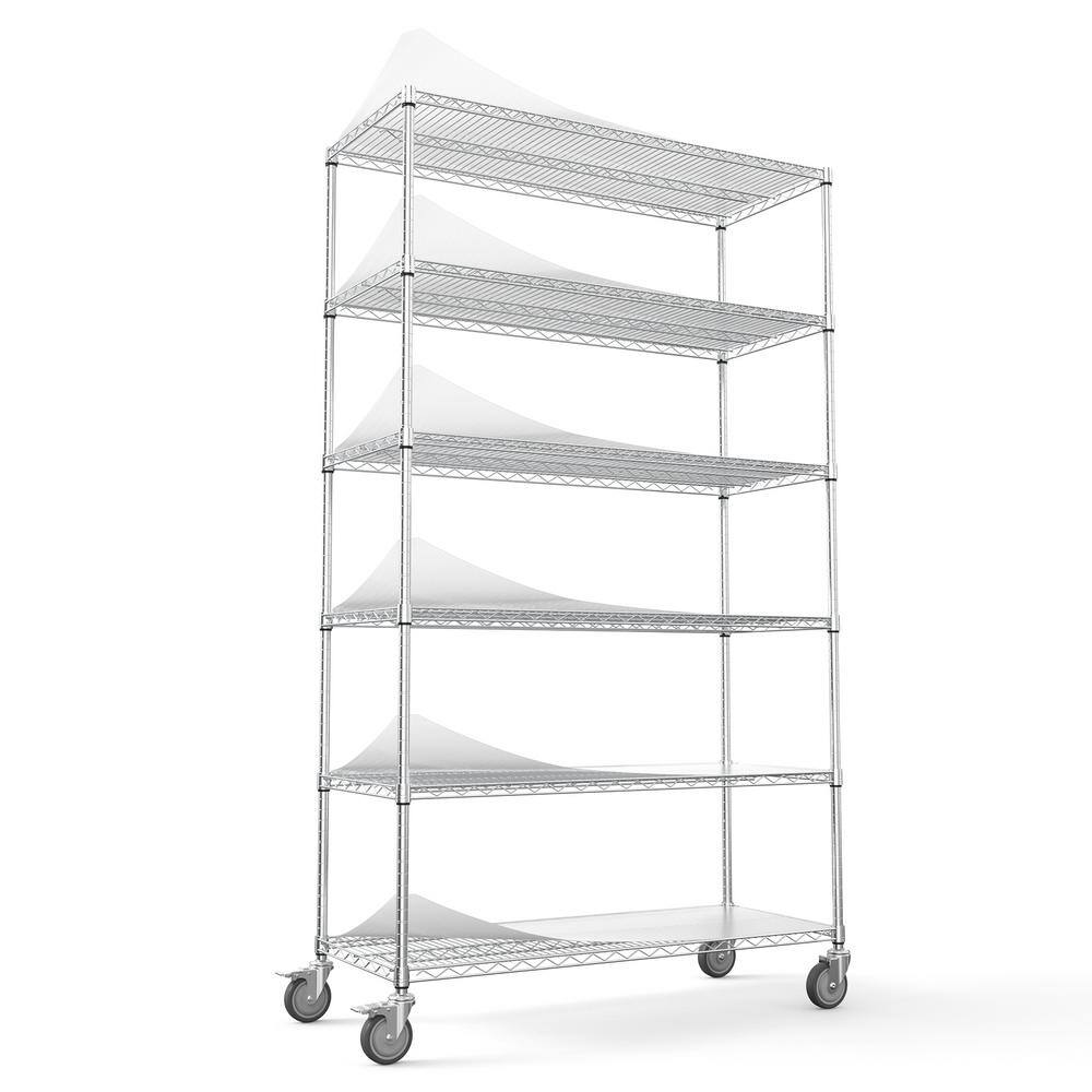 47.71 in. W Chrome 6Tier Metal Pantry Organizer, Adjustable Metal Storage Shelves with Wheels