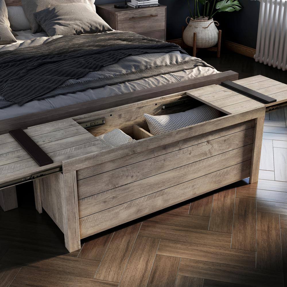Weathered Oak Farmhouse Storage Bench with Slide Top
