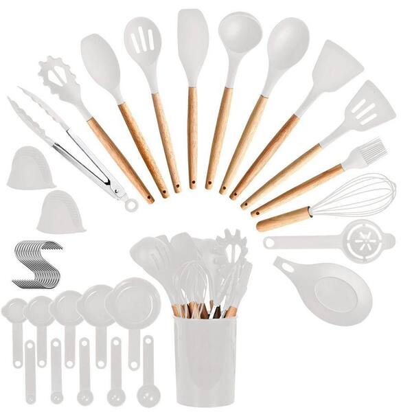 35-P:ieces Stainless Steel Kitchen Cooking Set Utensils Set-Baking Accessories with Holder in White