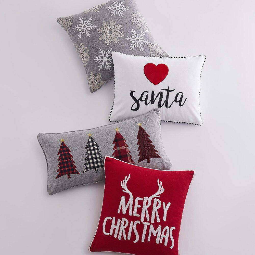 White and Red Embroidered Santa Heart Holiday Pillow