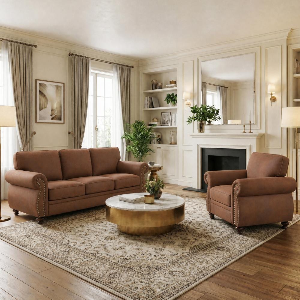 American Style 2-Piece Faux Leather Living Room Sofa Set with Rivet Trim, Accent Chair & 3-Seat Sofa, Caramel Rust