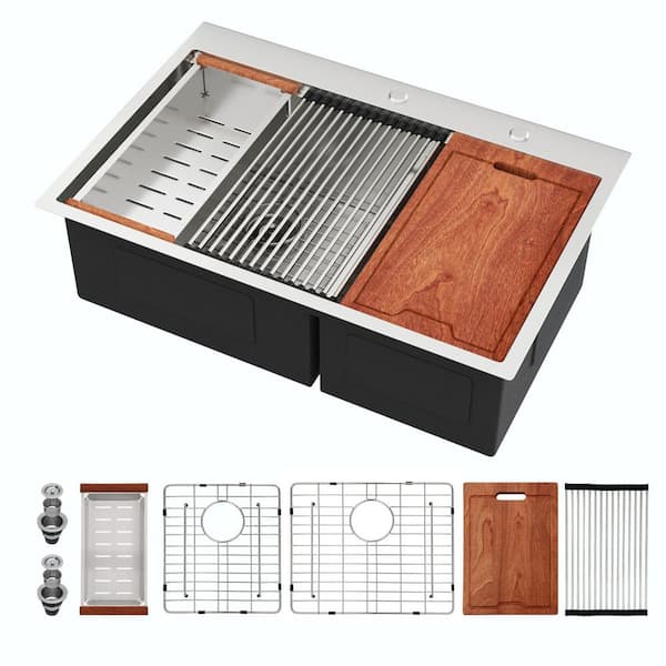 33 in. Drop-in Low Divide Double Bowl 60/40 Stainless Steel 16-Guage 10 in. Deep Workstation Kitchen Sink w/ Accessories