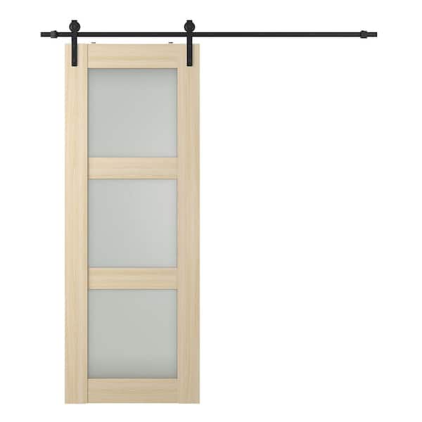 Belldinni Vona 3Lite 36 in. x 84 in. Frosted Glass Loire Ash Wood w/BaseBoard Hidden Sliding Barn Door with Hardware Kit