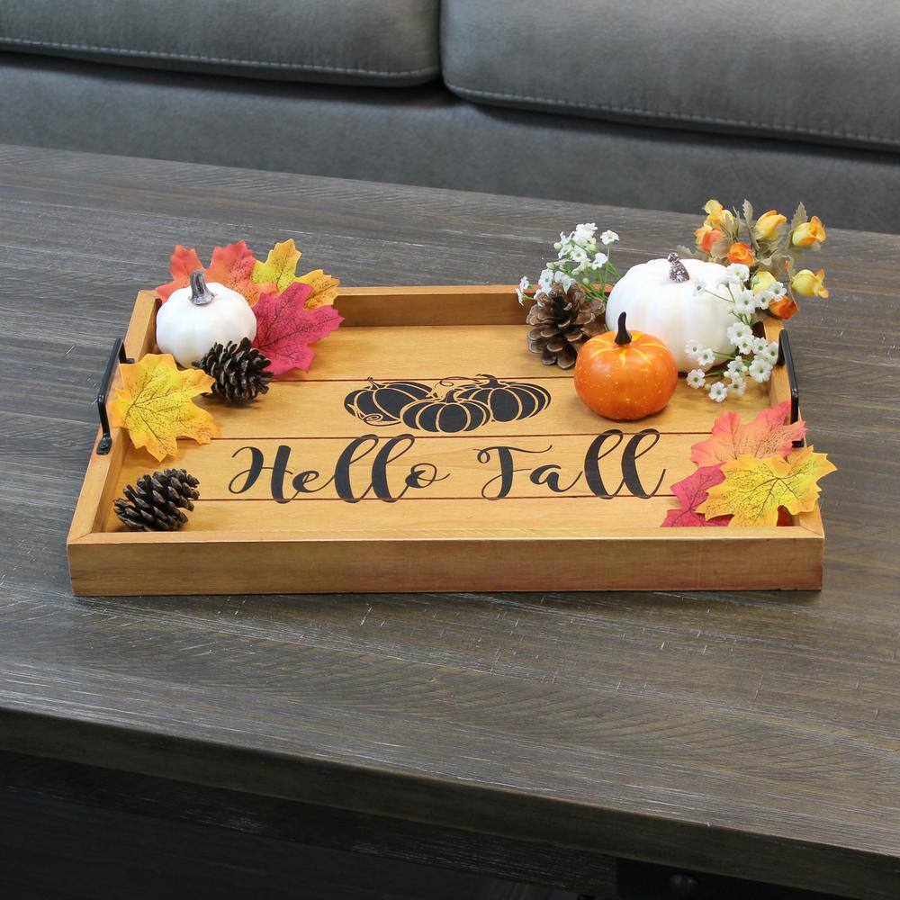 Natural Wood Fall Serving Tray with Black Metal Handles
