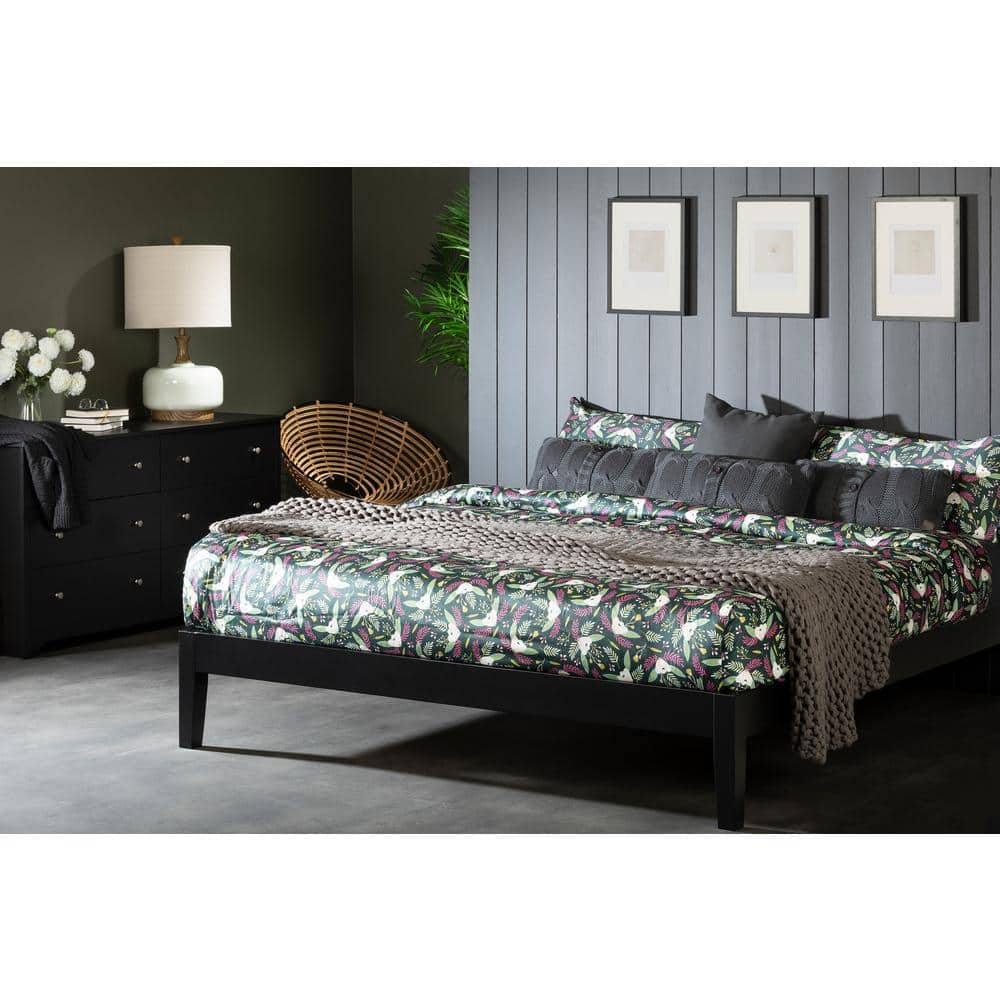 Minimalist King-Size Black Wood Frame Upholstered Platform Bed