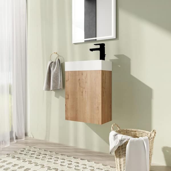 16 in. Wall-Mounted Single Brown Bath Vanity with White Resin Vanity Top Assembled