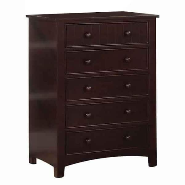 Benjara Transitional 5-Drawer Dark Walnut Brown Chest 17 in. L x 29 in. W x 42 in. H