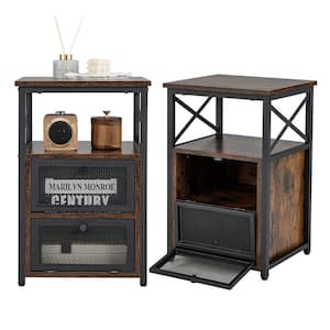 2PCS 16 in. W Side End Table Rectangle Nightstands w/2 Open shelves & 2 Flip Drawers Rustic Brown