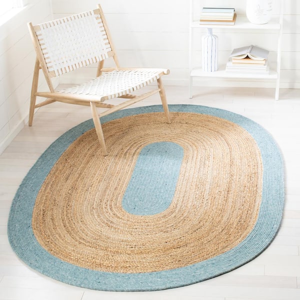 Braided 6 ft. x 9 ft. Oval Blue/Natural Solid Border Area Rug