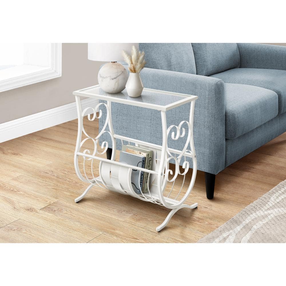 11.5 in. White Rectangular Tempered Glass End Table Magazine Rack