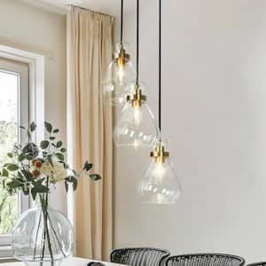 Transitional Dining Room Cluster Pendant Light 3-Light Plating Brass Pendant Light with Bell Textured Glass Shades