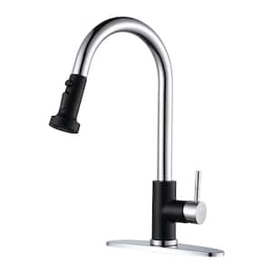 Single-Handle Wall Mount Gooseneck Pull Down Sprayer Kitchen Faucet Stainless Steel in Black and Chrome