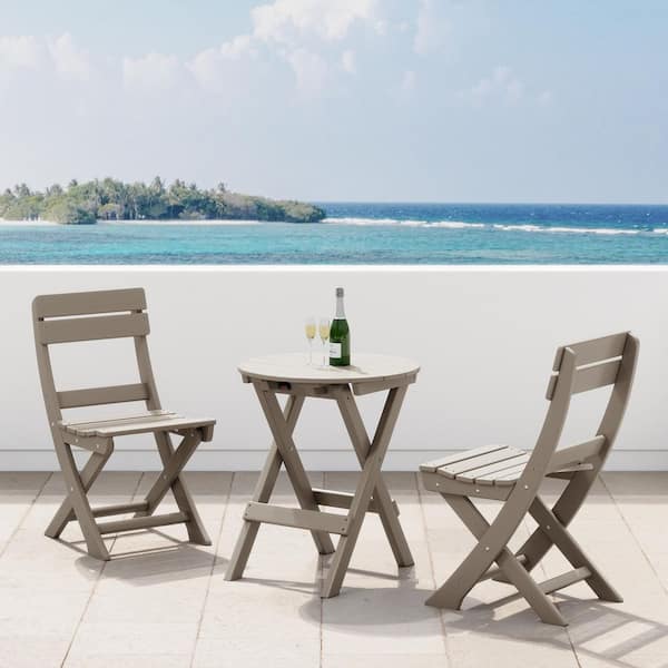 Laguna 3-Piece All Weather HDPE Plastic Outdoor Patio Rust Free Folding Bistro Dining Set, Weathered Wood