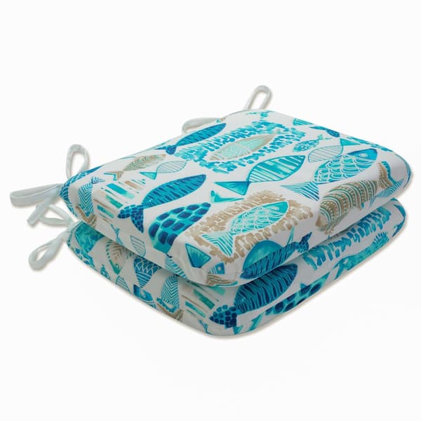 Pillow Perfect Tropical 18.5 in. x 15.5 in. Outdoor Dining Chair Cushion in Blue/Tan/Off-White (Set of 2)