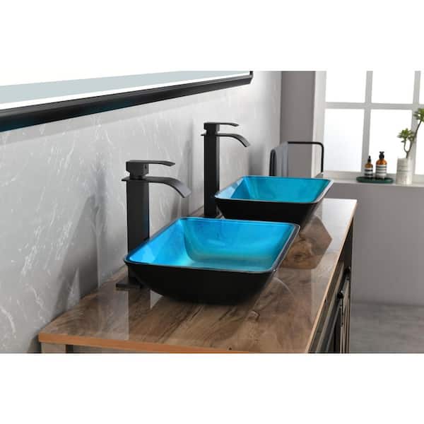 Turquoise Glass Rectangular Vessel Sink with Faucet and Pop-Up