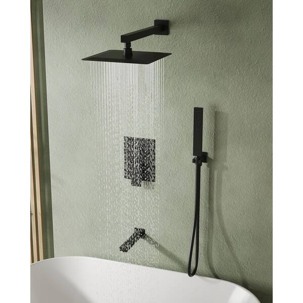 1-Handle 3-Spray Wall Mount Tub and Shower Faucet with 10 in. Rain Shower Head in Matte Black (Valve Included)