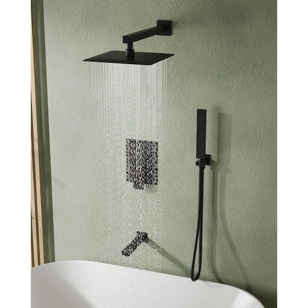 1-Handle 3-Spray Wall Mount Tub and Shower Faucet with 10 in. Rain Shower Head in Matte Black (Valve Included)
