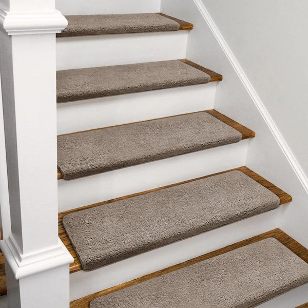 Cream Gray 9.5 in. x 30 in. x 1.2 in. Plush Bullnose Indoor Stair Tread Cover Carpet Self Adhensive Mat (Set of 12)