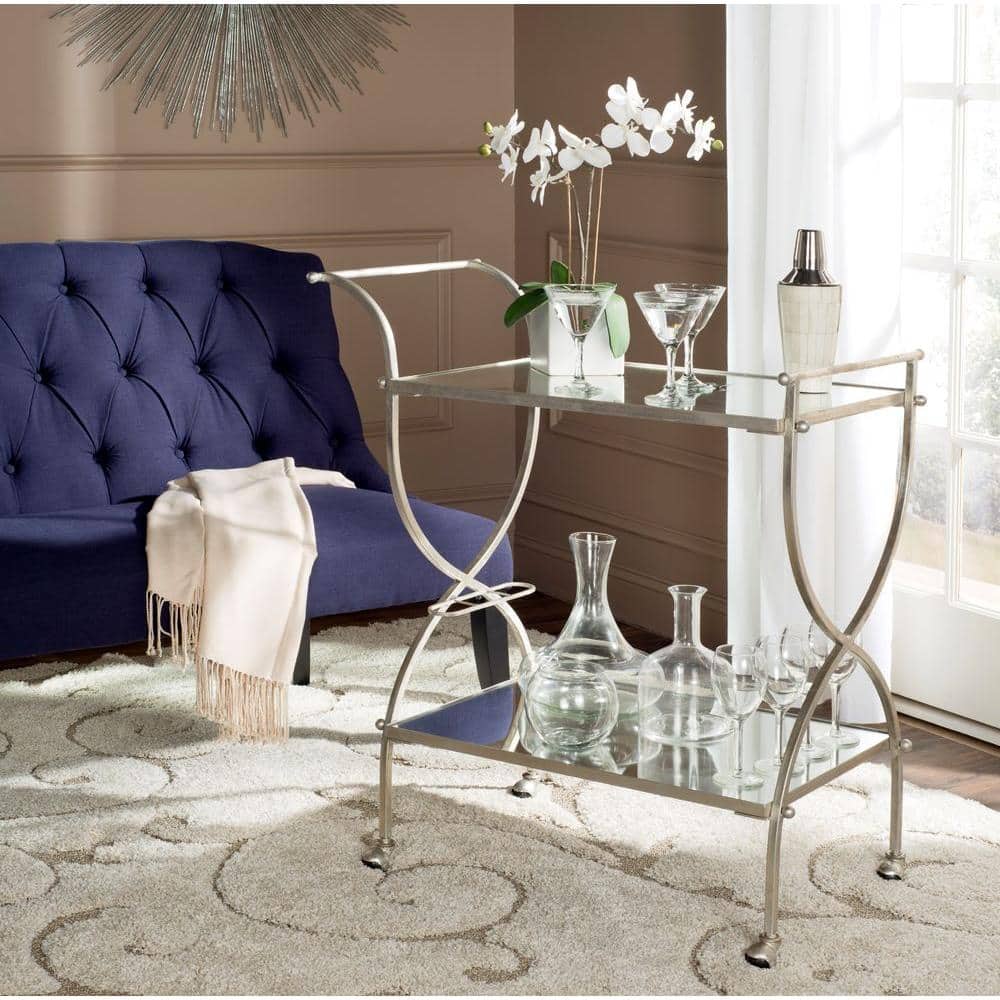 Elegant Transitional 2-Tier Mirrored Bar Cart with Silver Frame