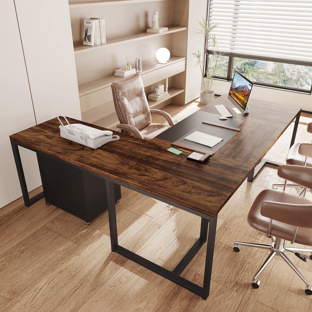 71'' Rustic Brown and Black L-Shaped Desk with Mobile File Cabinet