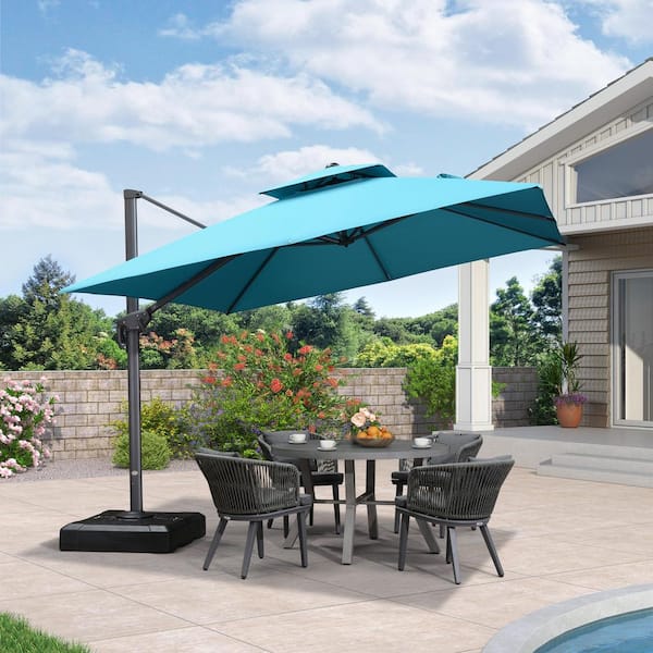 PURPLE LEAF 10 ft. Square 2-Tier Aluminum Cantilever 360-Degree Rotation Patio Umbrella with Base, Turquoise Blue