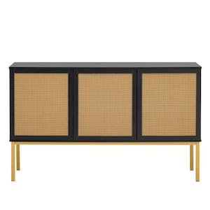 53.9 in. W x 15 in. D x 33.3 in. H Black Linen Cabinet with Artificial Rattan Door and Rebound Device