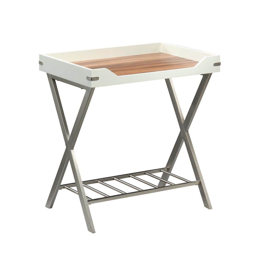 Pearl Oak and Blaze Acacia Tray Top Side Table with Metal Accents