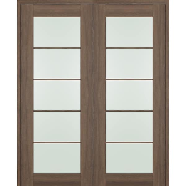 Vona 72 in. x 96 in. 5-Lite Both Active Frosted Glass Pecan Nutwood Wood Composite Double Prehung French Door