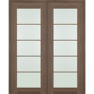 Vona 48 in. x 80 in. 5-Lite Both Active Frosted Glass Pecan Nutwood Wood Composite Double Prehung French Door