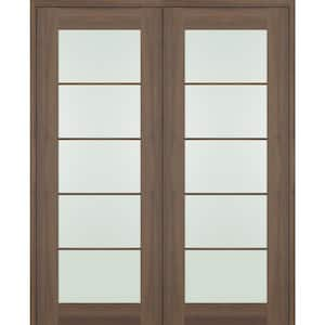 Vona 56 in. x 80 in. 5-Lite Both Active Frosted Glass Pecan Nutwood Wood Composite Double Prehung French Door