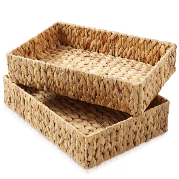 Casafield Brown Natural 15.75 in. x 3.25 in. Wicker Woven Water Hyacinth Decorative Baskets Bathroom Storage Bins Set of 2