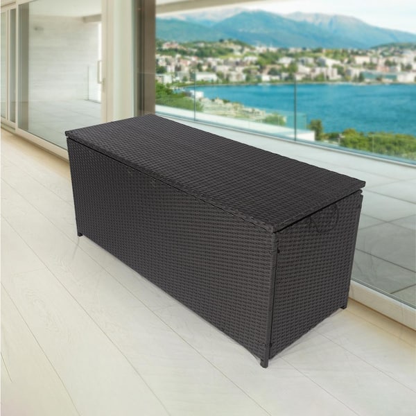 113 Gal. Wicker Outdoor Patio Storage Box Deck Box with Lid, Cushion ...